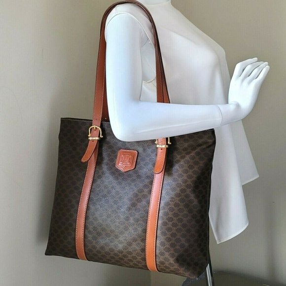 Vintage Celine Triomphe Canvas Brown Leather Medium Shoulder Tote Hand Bag Auth - Picture 7 of 13